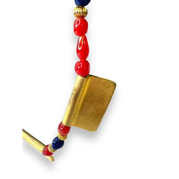 Vintage Tribal-Inspired Red, Blue & Gold Statement Necklace 27" Unsigned - Picture 10 of 13